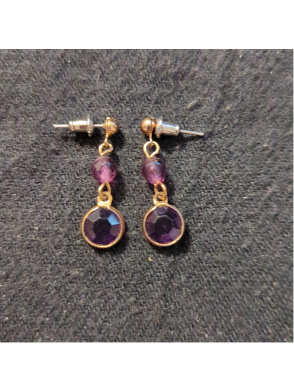 Gold Tone Purple Beaded Crystal Drop Dangle Statement Earrings